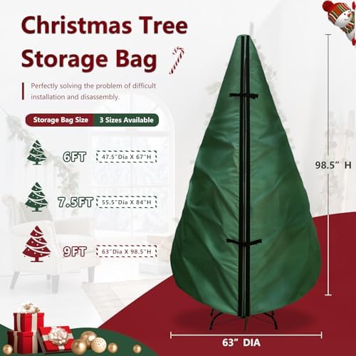 Upright Christmas Tree Storage Bag 9Ft,Christmas Tree Covers for Upright Storage for 8 Foot /9 Foot Artificial Christmas Trees with Ornaments,Equipped with Patented Support Rod Technology-Green