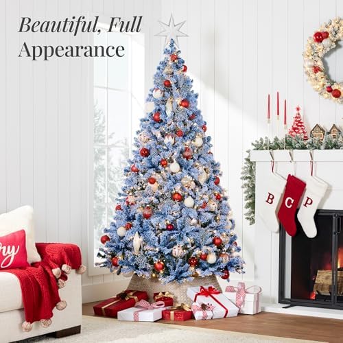 Best Choice Products Artificial Flocked Christmas Tree, 6ft Premium Pre-Lit Colorful Pine Holiday Décor w/250 Twinkle Lights, Metal Base - Baby Blue