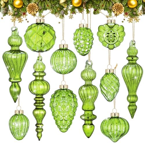 Vercraft 20 Pcs Vintage Mercury Glass Finial Christmas Ornament, Lime Green