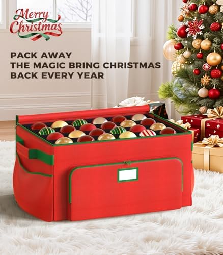 Ornament Storage Box, Large Christmas Ornament Storage Box, Stores 72 4'' Ornaments , Ornaments Storage Containers with 3 Trays, Durable and Portable, 600D Tear-Proof Material, Extra Pockets Red