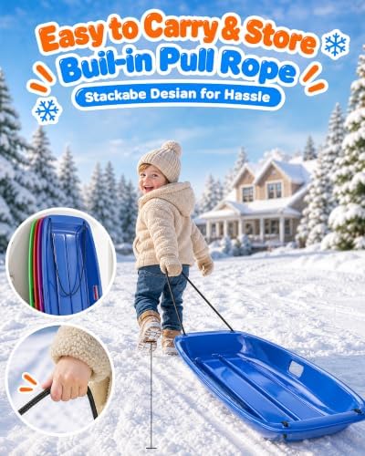 35-Inch Snow Sleds for Kids, Plastic Toboggans with Pull Ropes