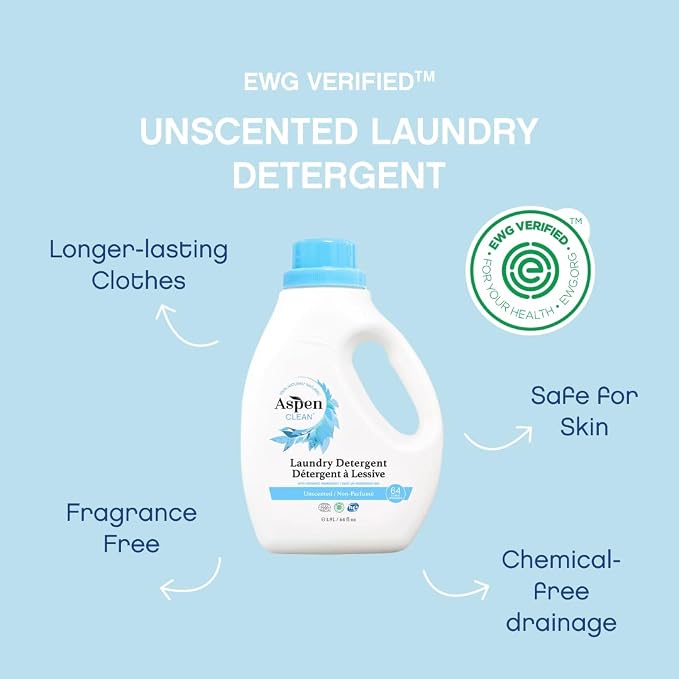 AspenClean | HE Liquid Laundry Detergent | Unscented | Non - Toxic | Natural | EWG Verified | Safe for Babies, Pets & Kids | 64 fl oz (2-pack)
