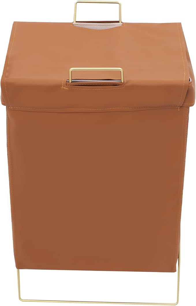 X-Frame Laundry Basket with Lid, Foldable Laundry Hamper, Gold Metal Collapsible Bag Sorter Organizer, Luxury Folding Dirty Clothes Washing Bin (Gold Frame+ Brown Bag)