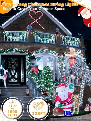 BrightChristmas 1000 LED 328 FT Outdoor String Lights with Remote and Timer, Dimmable with 8 Modes, Waterproof, Cool White Fairy Lights for Christmas Tree & Holiday Decor