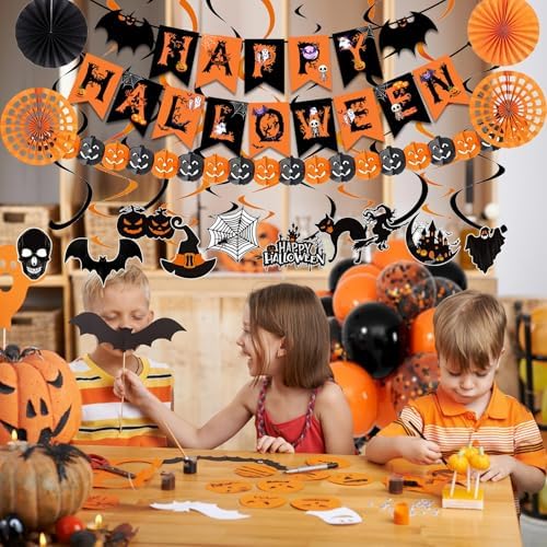 Fecedy Black Orange Happy Halloween Trick or Treat Banner Paper Fan Balloons & Swirl Streamers Goul Bat Cat Bird Ghost Pumpkin Lantern for Halloween Decorations