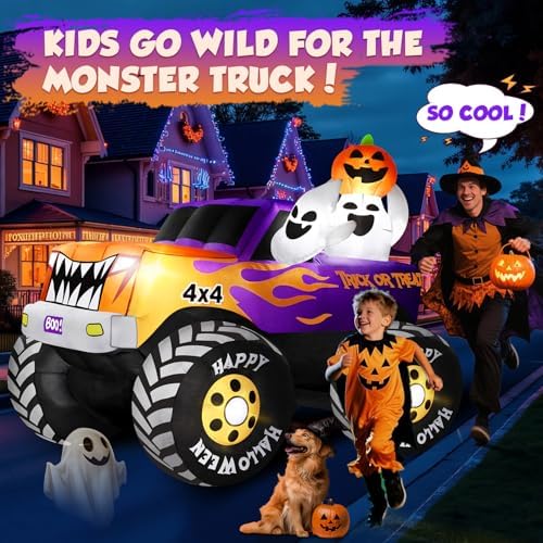 zukakii 8FT Long Halloween Inflatables Decoration Outdoor Monster Truck Car with Ghosts & Pumpkin, Giant Halloween Blow Up Yard Decorations Huge Blowups Built-in LED Light Strong Blower for Festival