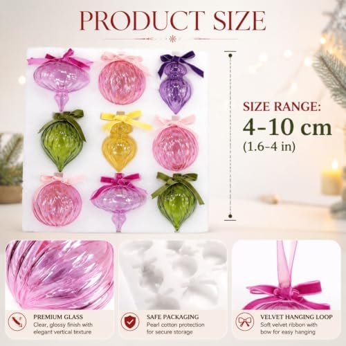 Hungdao 9 Pcs Vintage Colorful Glass Christmas Ornament with Bows, Bright