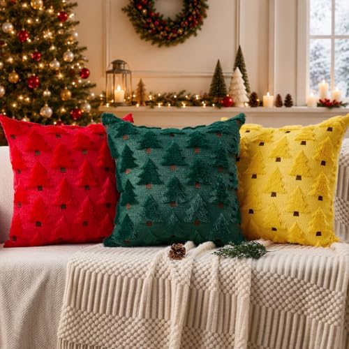 Allorry Christmas Pillow Covers 18x18 inch Set of 2 Yellow Christmas Decorations Soft Plush Faux Fur Wool Christmas Tree Throw Pillow Cases Winter Holiday Decor for Sofa Living Room PT002G18