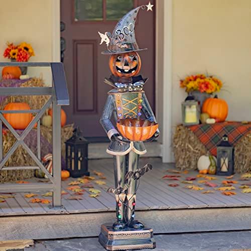 Metal Pumpkin Man Soldier Holding a Candy Bowl for Halloween 4.6Ft. Tall