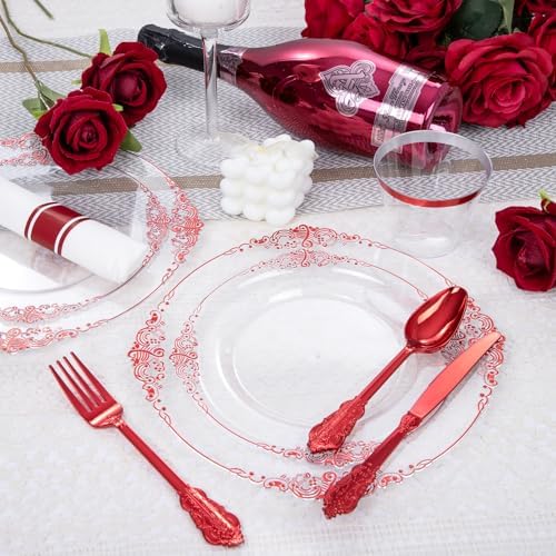 Hioasis 350 Pcs Clear Red Plates for Party