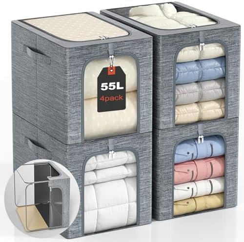 GoMaihe Blanket Storage Bins with Metal Frame for Closet, 55L 4-Pack Grey