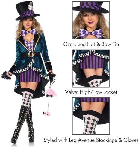 Leg Avenue Mad Hatter Costume with Dress, Jacket, Belt, Bow, Hat