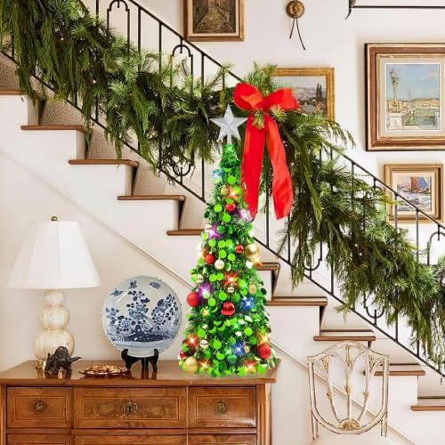 N&T NIETING Pop Up Christmas Tree with Lights, Collapsible Tinsel Xmas Tree Decorations, Pencil Christmas Tree Skinny Tree for Holiday Xmas Home Office Decor, 25 Balls, 3Ft, Green