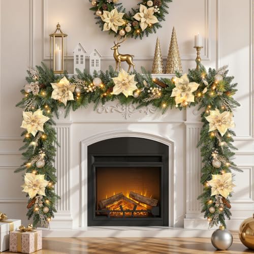 SHareconn 9FT Prelit Christmas Garland Decorations with Multi-Color LED Lights, Battery-Operated Timer, Lighted Garland with Ball Poinsettia for Mantle Table Fireplace Stairs Railing Indoor Decor