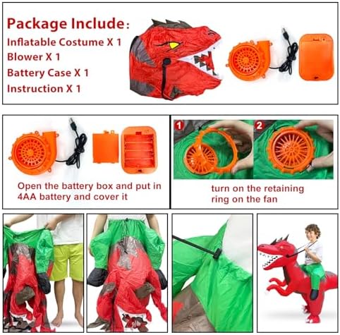 Camlinbo Kids Halloween Inflatable Costume, Dinosaur T-Rex Blow up Rider Costume with LED Eyes for Halloween Cosplay Party