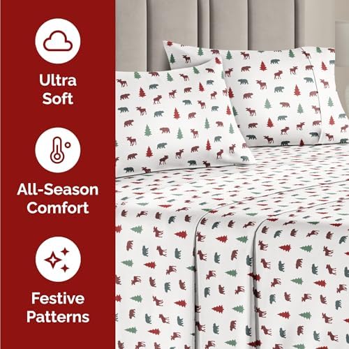Christmas Sheet Set, Woodland Scene, Holiday Xmas Bedding Set - Queen Size
