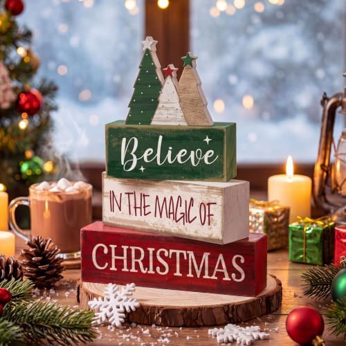 Moucuny 4 Pcs Christmas Table Decorations Rustic Christmas Tree Stacked Wooden Sign Decor Red Green and White Winter Tiered Tray Decor Xmas Table Centerpiece Farmhouse for Home Kitchen Shelf