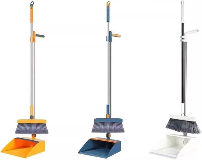 Broom and Dustpan Combo Set for Home - Long Handle Angle Broom & Dust pan Combo Built-in Comb Teeth to Automatically Clean Hair - Suitable for Home Kitchen Office Hall Floor,Blue
