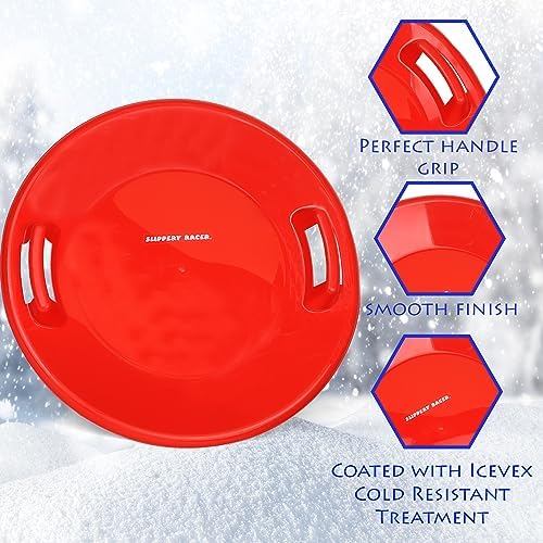 Slippery Racer Heavy-Duty Cold Resistant Downhill Pro Adults and Kids Plastic Outdoor Winter Saucer Disc Snow Sled with Handles-2 Pack (Red-2 Pack)