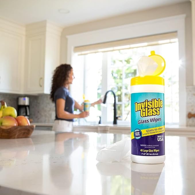 Invisible Glass 99096 4-Piece Home Glass Cleaning Essentials Kit Including Reach & Clean Tool, Premium 19 Oz. Aerosol Glass Window Cleaner, (40) Glass Cleaning Wipes, (1) Waffle Weave Towel