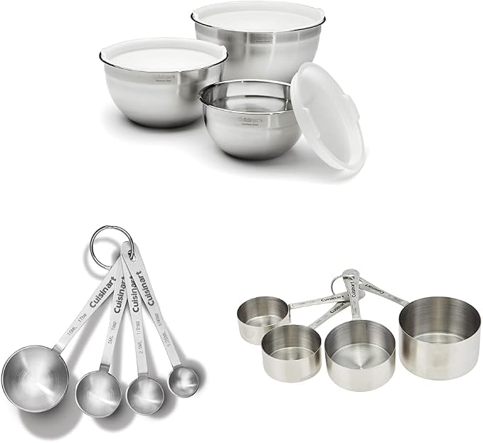 Cuisinart Mixing Bowl Set, Stainless Steel, 3-Piece CTG-00-SMP Stainless Steel Measuring Spoons, Set of 4,Silver CTG-00-SMC Stainless Steel Measuring Cups, Set of 4,Silver