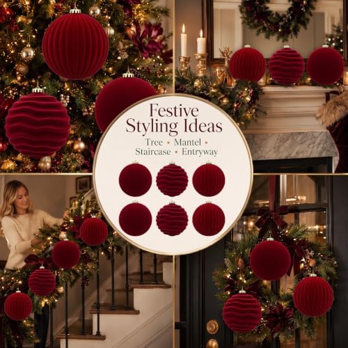 Hollowfly 6 pcs 6 in Burgundy Red Large Velvet Christmas Balls Ornaments