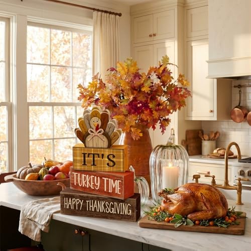 Moucuny 4 Pcs Thanksgiving Table Decorations, Turkey Time Wooden Block Sign