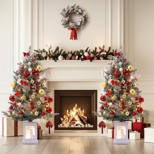 GarveeHome 3ft Prelit Christmas Tree with 78 Warm Lights & Red Berry, Artificial Xmas Trees with Snowman Light Box Base, for Home, Office, Fireside Christmas Decoration, Set of 1
