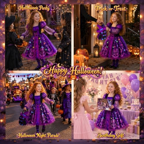 Witch Costume for Girls, Light Up Halloween Costume for Kids 3-10