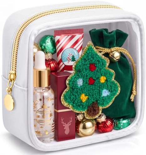 Abbylike 1 Pcs Christmas Preppy Patch Makeup Bags Bulk Polyester Holiday Makeup Bag Skincare Pouch Xmas Zipper Cosmetic Pouch Preppy Thing for Travel Christmas Women Gift (Classic, White)