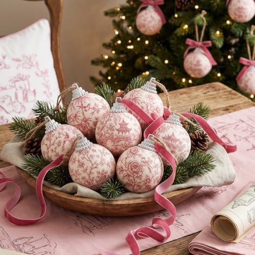 Outus 16Pcs Pink Toile De Jouy Chinoiserie Christmas Ball Tree Ornaments