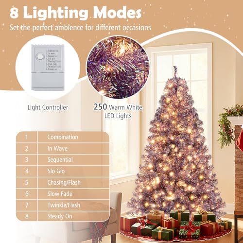 HAPPYGRILL 6 FT Pre-lit Tinsel Christmas Tree Artificial Xmas Tree with 250 LED Lights, 8 Modes, 688 Deep Purple Branch Tips, Folding Metal Stand, Seasonal Holiday Tree for Home Office Party