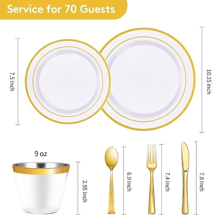 Goodluck 420 Pieces Gold Disposable Plates for 70 Guests, Plastic Plates for Party, Dinnerware Set of 70 Dinner and 70 Dessert Plates, 70 Spoons, 70 Forks, 70 Knives, 70 Cups
