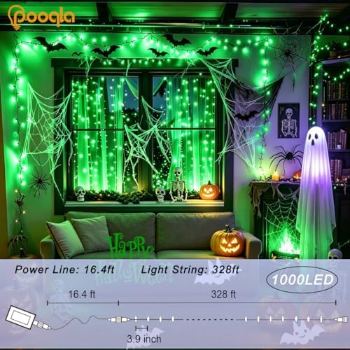 Pooqla 1000 LED Green Halloween Lights Indoor Outdoor Decorations, 328 ft String Lights Plug in with Timer, 8 Modes Waterproof Clear Wire Twinkle Fairy Lights for Bedroom Xmas Tree Christmas Decor
