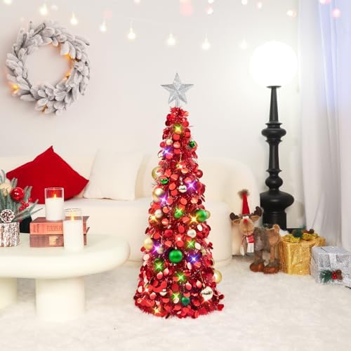 N&T NIETING Pop Up Christmas Tree with Lights & Ornaments, 3FT, Red
