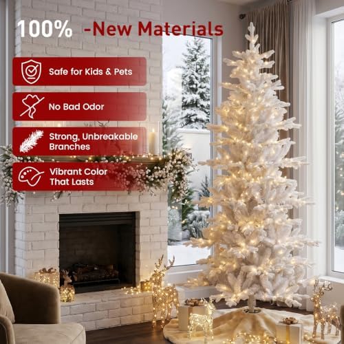 Glitzhome 7.5ft Prelit Artificial Christmas Tree, Slim White Frostfall Fir Xmas Tree with 360 Warm White & Multi-Color Lights, 1,486 Branch Tips, Flocked Christmas Tree for Indoor Holiday Spaces