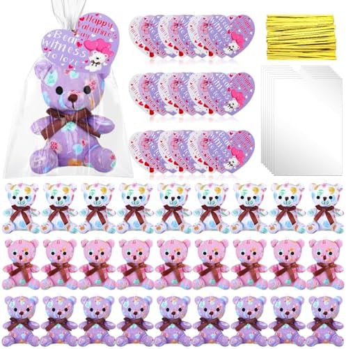 Poen 18 Pack Valentines Day Bears Bulk with Heart Cards Mini Valentine Stuffed Animal with Heart Love Pattern Bears Toys Keychains for Kids Boy Girl Classroom Exchange Gifts Prize