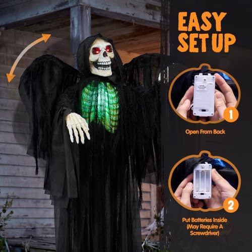 JOYIN Halloween Decorations Outdoor, Life Size Animatronics Grim Reaper, Sound-Actived Haunted House Props Decors with Creepy Sound for Garden Yard Lawn Outside Indoor