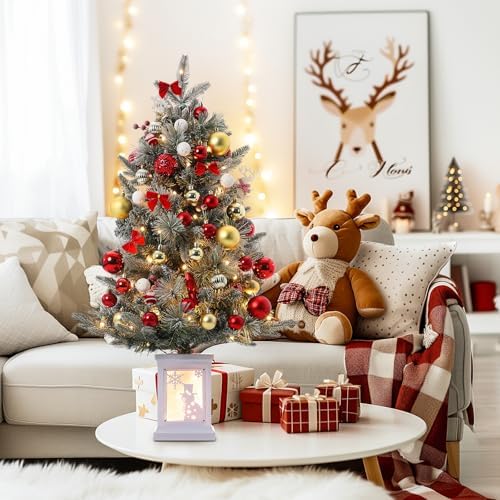GarveeHome 3ft Prelit Christmas Tree with 78 Warm Lights & Red Berry, Artificial Xmas Trees with Snowman Light Box Base, for Home, Office, Fireside Christmas Decoration, Set of 1