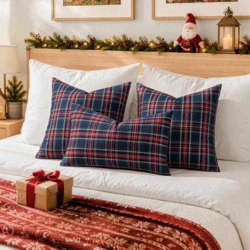 MIULEE Christmas Plaid Pillow Covers Scottish Tartan 12x20 Blue