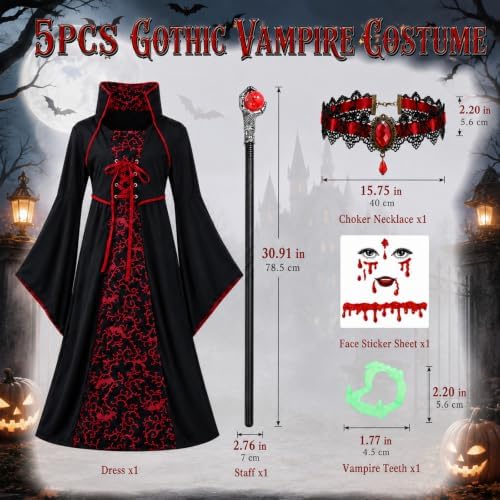 5Pcs Vampire Costume Vampiress Dress Cosplay Outfit for Girls 3-12 Years