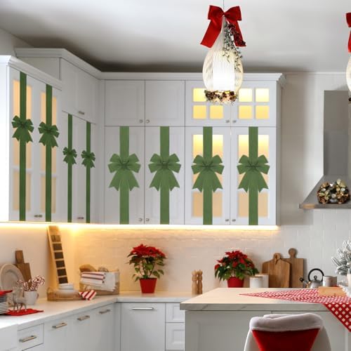 Daifunli 6 Pcs Green Velvet Christmas Cabinet Bows Ribbons for Kitchen