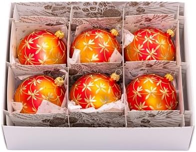 Luxury Handcrafted European Glass Christmas Ball Ornaments - Set of 6 - Orange Art Nouveau - 8 cm - Mouth-Blown & Hand-Painted