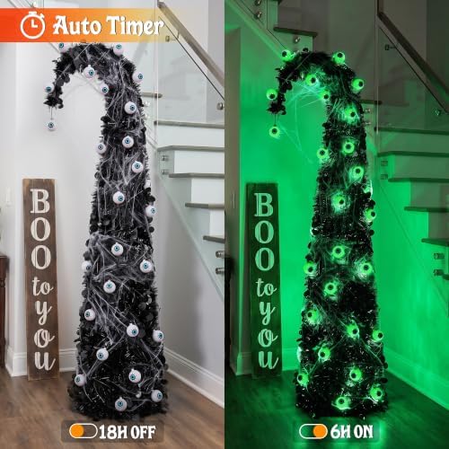 Brizled Prelit Black Halloween Tree, 5 ft Lighted Fall Tree with Lights