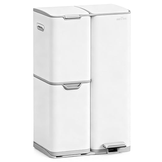 mVm 16 Gal Kitchen Trash Can, 3 Compartment Garbage Can, Heavy Duty Anti Fingerprint Brushed Recycling Bin for Office Home（White）
