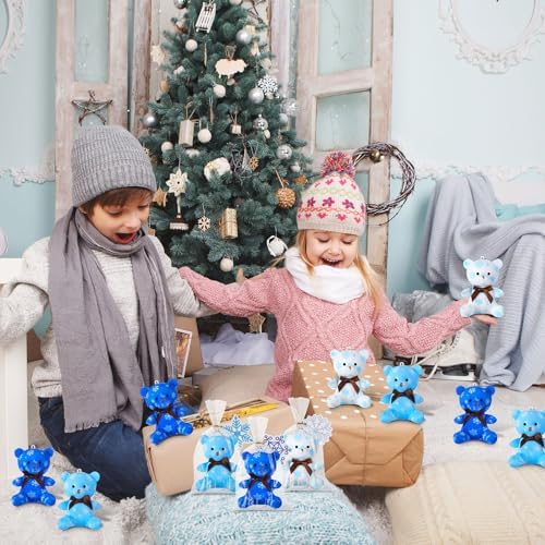 Poen 27 Pack Winter Party Favors Snowflake Mini Plush Bears with Cards Set Small Stuffed Animal Classroom Gifts for Holiday School Students Kids Exchange Prize Reward Gifts Toy