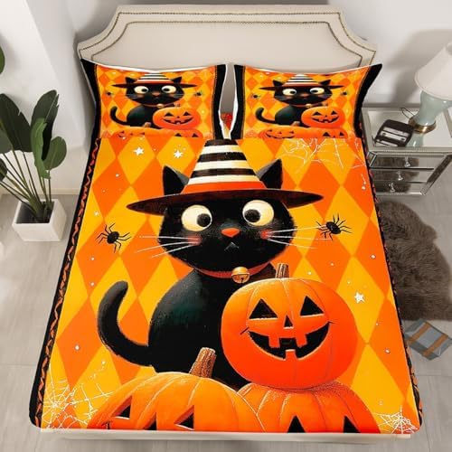 Cute Black Cat Bed Sheet Queen Size Orange Pumpkin Sheets Sets Adults Bedroom Decor Square Grid Microfiber Bedding Set with Flat,Fitted Sheet,2 Pillow Cases