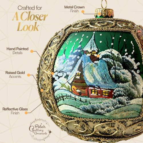 Hand Blown Glass Ball Christmas Ornament, 6 in, Winter Charm Gold