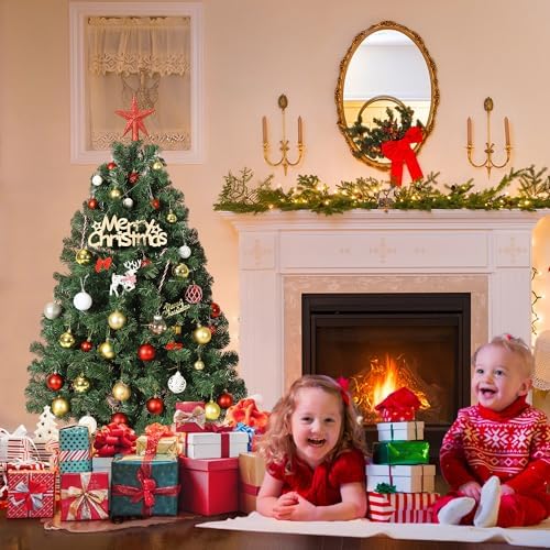 6FT Artificial Christmas Tree with 750 Branch Tips, Hinged Spruce Design & Metal Foldable Base, Easy Assembly Holiday Decoration for Home, Green