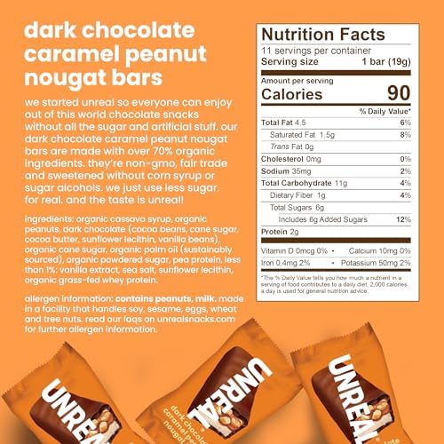 UNREAL Dark Chocolate Caramel Peanut Nougat Bars, Value Size Bags, 3 Pack